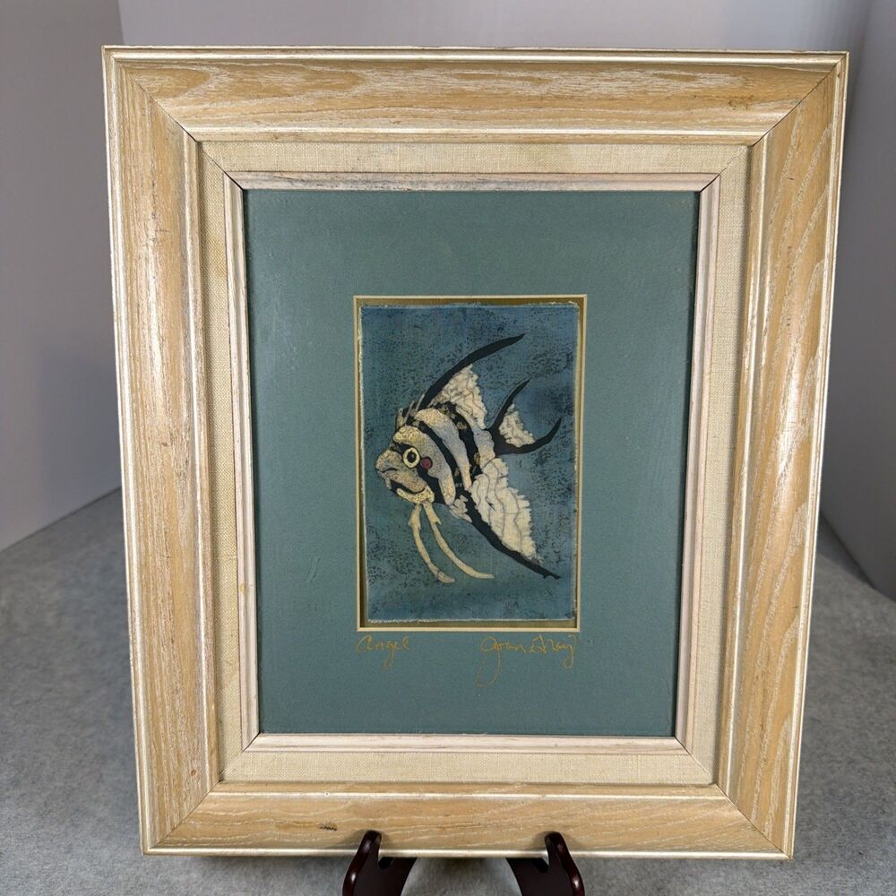 Vintage Joan Gray Batik Fabric Painting Framed Signed Angelfish Wall Decor